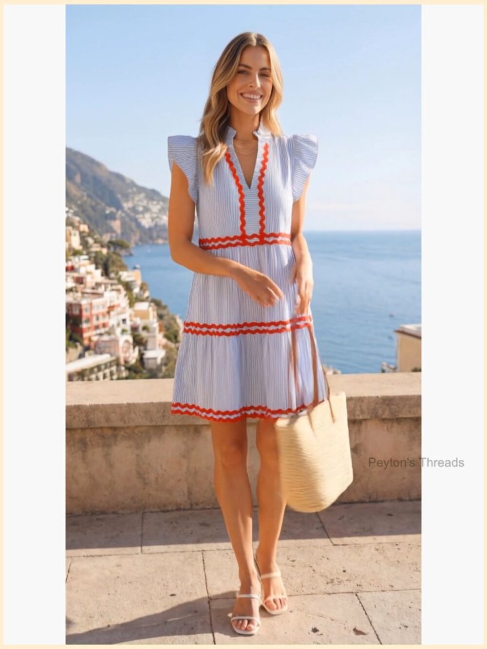 V Neck Flutter Sleeve Striped Ruffle A Line Mini Dress Beach Vacation - Picture 7 of 7